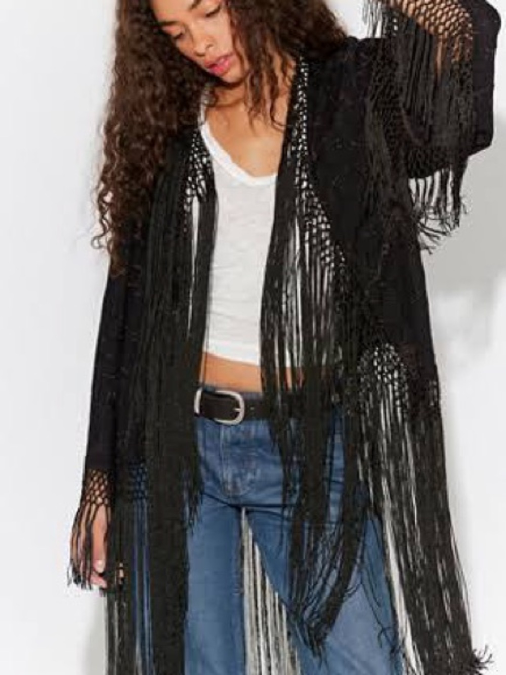 Free People Black Embroidered Fringe Piano Duster
